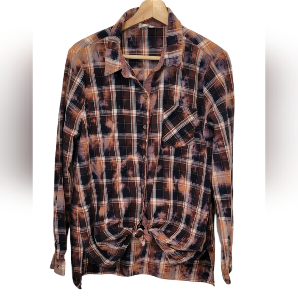 Hem & Thread Women's Tie Dye Distressed Flannel Size Large